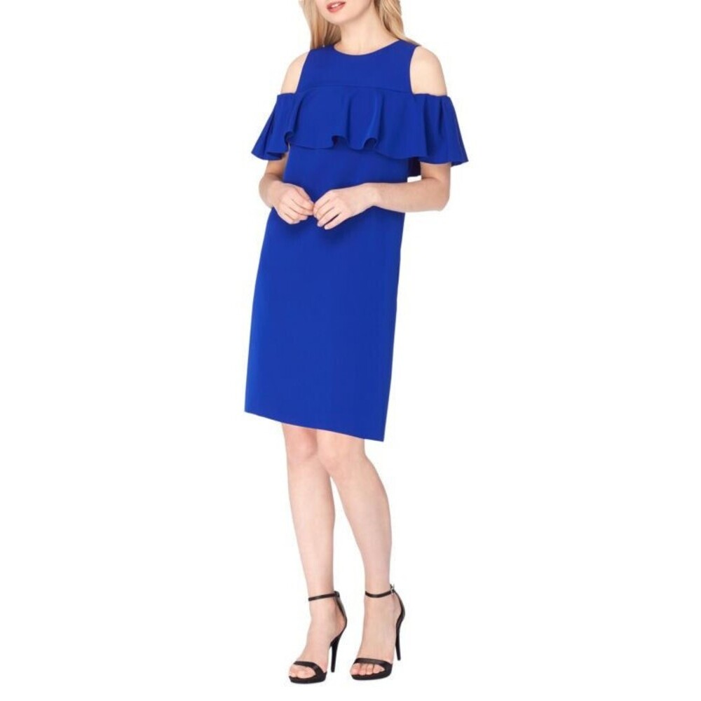 Tahari Dress Women's Size 8 Royal Blue Ruffle Evening Shift Glam Winter Classic